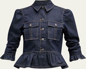 Cinq &agrave; Sept Delanie Scrunched-Sleeve Peplum Denim Jacket