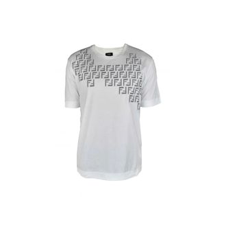 Fendi Tops, Heren, Wit, S, Katoen, FF Vichy Geborduurd T-shirt