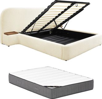 Vente-Unique Cama arc&oacute;n 160 x 200 cm con mesitas de noche - Tela rizada - Blanco + Colch&oacute;n - ESTERIA de Maison C&eacute;phy