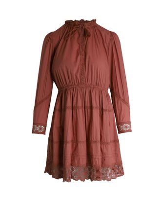 Ulla Johnson Tie-Neck Crochet-Trimmed Mini Dress in Rust Cotton