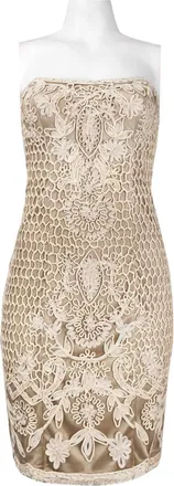 Sue Wong Strapless Scalloped Embroidered Dress In Beige
