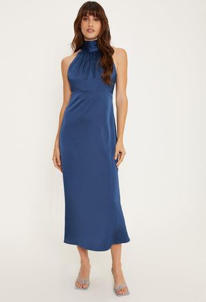 Oasis Womens Satin Halter Neck Midi Bridesmaids Dress - Navy - Size 16 UK