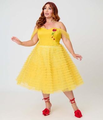 Unique Vintage Plus Size Tulle Off The Shoulder Swing Dress in Yellow W/Rose Embroidery at Nordstrom, Size 1X