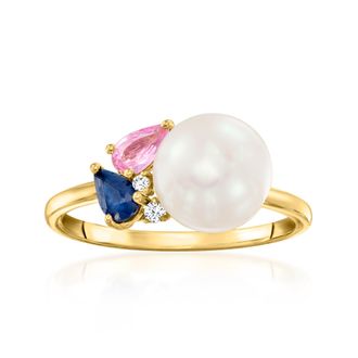 Ross-Simons 8-8.5mm Cultured Pearl and. Multicolored Sapphires With Diamonds in 18kt Gold Over Sterling