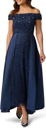 Adrianna Papell Beaded Overlay Taffeta Gown in Light Navy at Nordstrom, Size 14