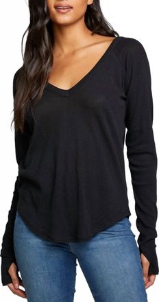 Chaser Waffle Double V Neck Long Sleeve Top In Black