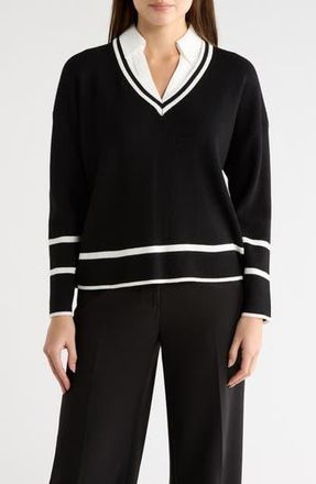 Adrianna Papell V-Neck Twofer Sweater Top in Black/Ivory at Nordstrom Rack, Size X-Small