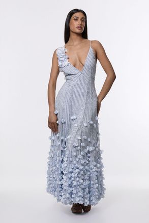 Karen Millen Womens Crystal Applique Strappy Rosette Woven Maxi Dress - Blue - Size 10 UK