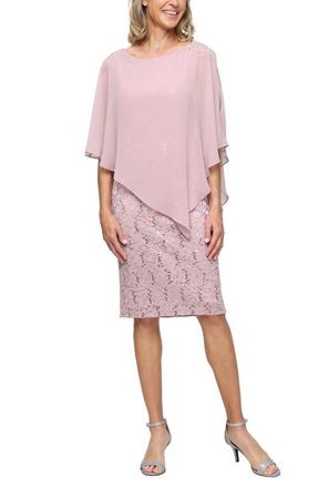 S.L. Fashions Chiffon Capelet Floral Lace Cocktail Dress in Blush at Nordstrom, Size 10P