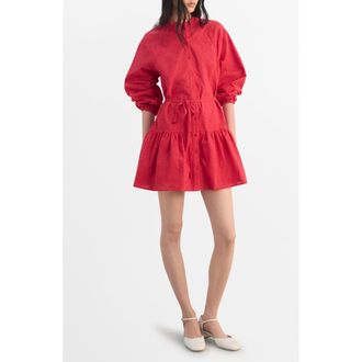 Mango Embroidered Long Sleeve Cotton Shirtdress in Strawberry at Nordstrom, Size 8
