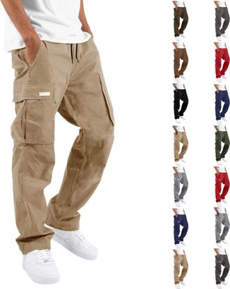 Generic Mens Cargo Trousers Multi Pockets Classic Jogging Bottom Straight Leg Druable Work Trousers Stretchy Drawstring Solid Color Cargo Sweatpants Street Le