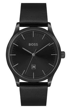 BOSS Three-Hand Quartz Leather Strap Watch, 43mm in Black Dial at Nordstrom Rack