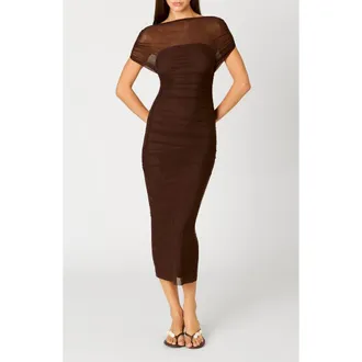 Nia Aria Ruched Off the Shoulder Mesh Midi Dress in Chocolate at Nordstrom, Size X-Small