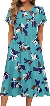 Generic Summer Midi Dress for Women UK Ladies Dresses Dresses for Female UK Chic Crew Neck Floral Print Petal Short Sleeve Tied Midi Dress with Pockets Ladies