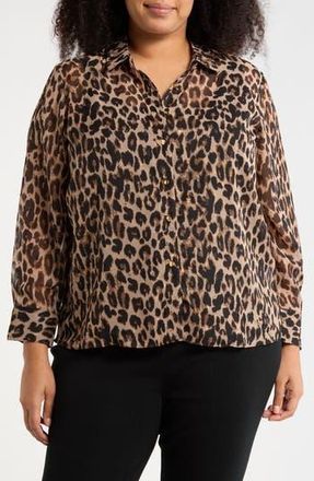T Tahari Clip Dot Leopard Spot Button-Up Shirt in Beige/Black/Gold Clip Dot at Nordstrom Rack, Size 1X