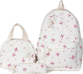 Generic Bow Backpack with Lunch Box 3pcs Set for Girls, Aesthetic Daypack with Insulated Lunch Tote and Pencil Pouch, Cute School Backpack Set for Teens (Whit