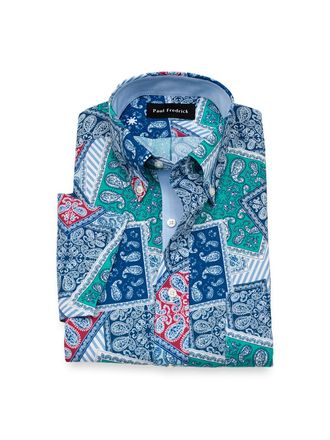 Paul Fredrick Tailored Fit Non-iron Cotton Bandana Dress Shirt With Contrast Trim