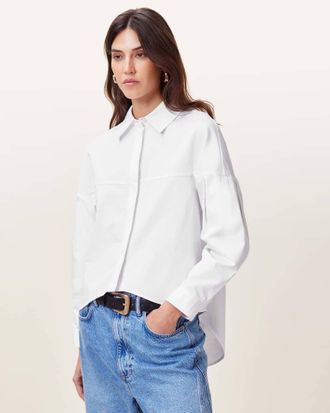 AllSaints Womens Cotton Toria Organic Cotton Dipped Hem Shirt, Size: UK 16/US 12