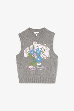 Ganni Grey Vest with Flowers - Size XXS Wool
