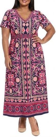 London Times Short Sleeve Maxi Dress in Navy/Pink Peacock at Nordstrom Rack, Size 2 X