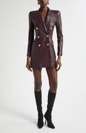 L'agence Tora Double Breasted Long Sleeve Leather Tuxedo Dress in Dark Malbec at Nordstrom, Size 6