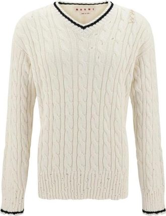 Marni Kabel Gebreide Trui met V-hals - Heren - V-hals truien - Beige - M - Katoen - Truien & Vesten