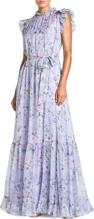 Mac Duggal Belted Floral Chiffon Ruffle Sleeve Gown in Orchid Multi at Nordstrom, Size 12
