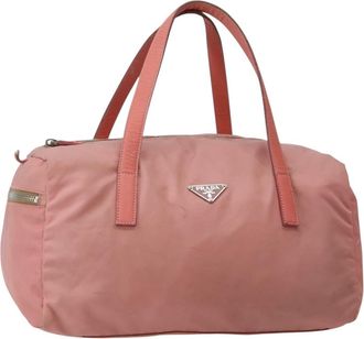 Prada Side Pocket Bauletto Bag Nylon With Leather Pink Nylon Handbag (Pre-Owned)