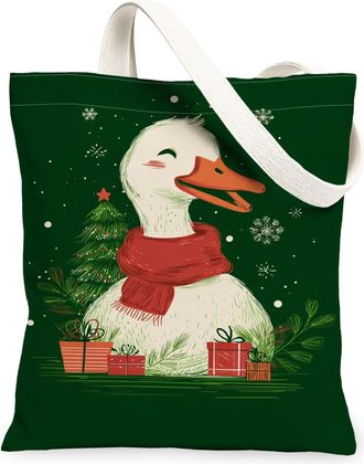 Generic Christmas Duck Canvas Tote Bags, Holiday Bird Pattern Reusable Grocery Bags, Vintage Lightweight Washable Shoulder Strap Ca, Green, 13x15 Inch