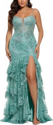Jovani Spaghetti Strap Gown With Beaded Bodice And High Slit In Sage