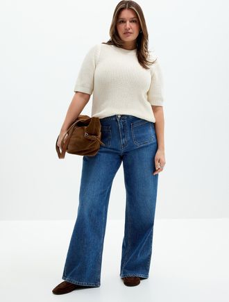 Contemporaine Womens Patch-pocket medium-indigo stretch jean Fit: Wide leg, high rise