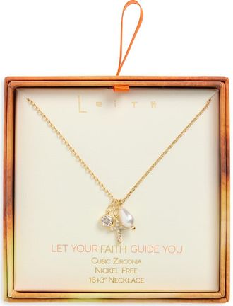Leith Cubic Zirconia Cross & Faux Pearl Charm Pendant Necklace in Clear- White- Gold at Nordstrom Rack