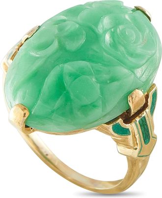 Luxury Bazaar Vintage 14K Yellow Gold Carved Jade and Enamel Ring MF03-091526