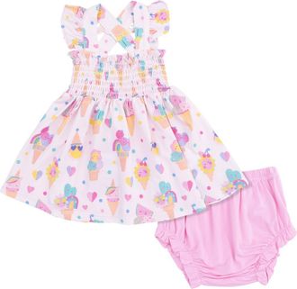 Angel Dear Ice Cream Fun Ruffle Smocked Dress with Bloomers in Pink at Nordstrom, Size 18-24M