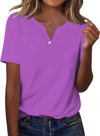 Generic T Shirts for Women Ladies V Neck Summer Short Sleeve Buttons Tops Casual Loose Fit Plain Blouse(Purple, XXXL) karierte Bluse Damen