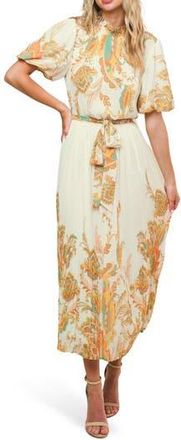 Flying Tomato Paisley Puff Sleeve Pliss&eacute; Midi Dress in Ivory at Nordstrom Rack, Size Large