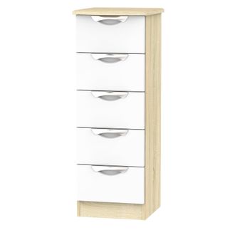 Welcome Furniture Cairo Ready Assembled Tallboy Chest of Drawers with 5 Drawers - White Gloss & Bardolino Oak - Welcome Furniture | TJ Hughes