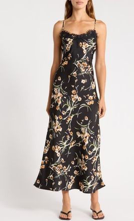 Socialite Lace Trim Satin Midi Dress in Black/golden at Nordstrom, Size X-Small