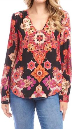 Karen Kane Long Sleeve Shirred Blouse In Red/magenta Print