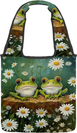 Generic Frogs and Daisy Reversible Canvas Shoulder Tote - Double-Sided Print, 12oz Cotton, 27cm Drop, Fold-Flat Bag for Travel, Shopping, Street Outings