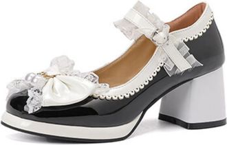 Generic Womens Round Toe Pumps Patent Leather Upper Adjustable Ankle Strap Pearl Lace Bow Embellishment Block Heel Platform Cushioned Insole Anti-Slip Durable