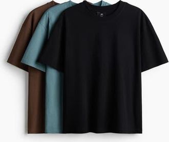 H&M 3-pack Relaxed Fit T-shirts in Black/teal/brown at Nordstrom, Size Xx-Large