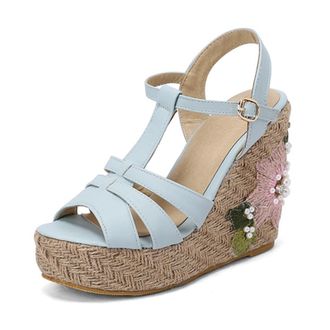 Generic Floral Embroidered Platform Wedge Sandals Women T-Strap Espadrille Heels Pearl Details and Ankle Buckle for Garden Parties & Summer Casual Dress,Blue,