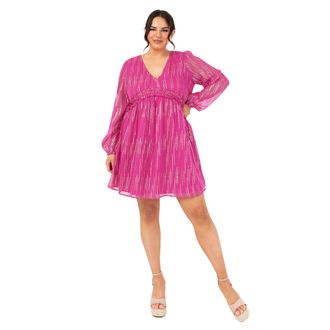 Lovedrobe Womens Mini Dress Long Balloon Sleeves V-Neckline Chiffon Side Tie Detail Ruffle Frill Empire Waist A-line Fuchsia Pink 46, Fuchsia Pink, 20