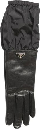 Prada Accessoires, Dames, Zwart, ONE Size, Nylon, Leren Handschoenen Lange Nylon Manchet