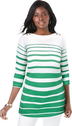 Jessica London Stretch Cotton Boatneck Tunic in Green Border Stripe at Nordstrom, Size 44