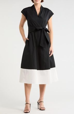 Vince Camuto Colorblock Cap Sleeve Cotton Poplin Midi Dress in Ivory Black at Nordstrom Rack, Size 12