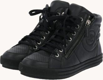 Chanel Black High Top CC Leather Sneakers Size 39.5
