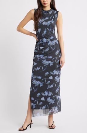 Open Edit Mesh Body-Con Maxi Dress in Blue Falling Floral at Nordstrom, Size X-Small