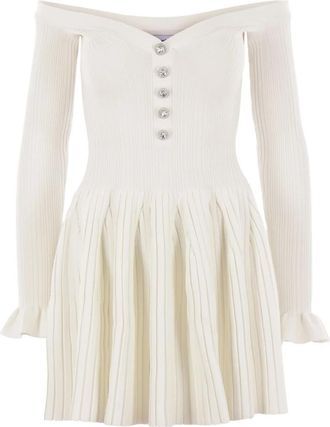Self Portrait Off-shoulder witte jurk met strass-knopen - Dames - Korte kleedjes - Wit - L - Polyester - Kleedjes